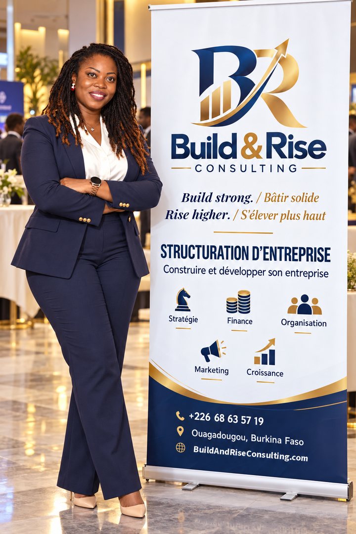 Isabelle Hébié, fondatrice de Build & Rise Consulting, devant le kakémono du cabinet
